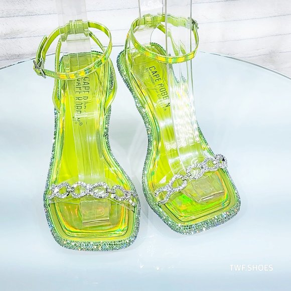 Mini .5" Rhinestone Platform Lime Green Hologram Upper Wrap Strap Heels Baily - Picture 14 of 17